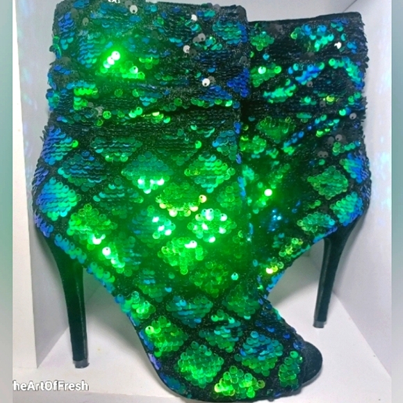 QUPID Sequin Ankle Boots - Sparkling Blue And Green Rhinestones - Picture 2 of 11